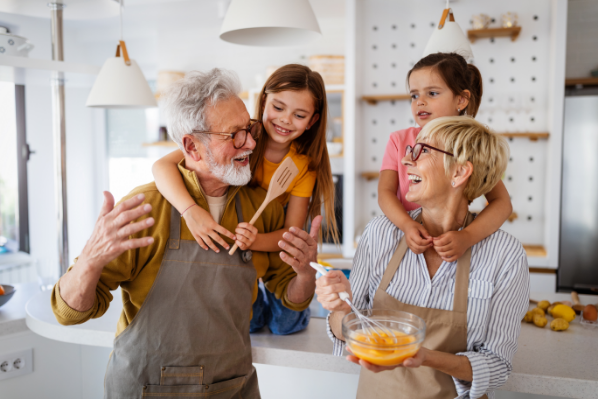 grandparents cooking in the kitchen with children 